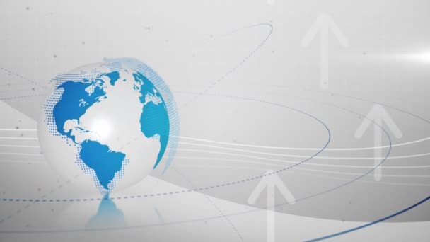 白色和蓝色数字地球仪的动画 蓝线围绕着白色箭头向上移动 指向白色背景 全球技术和信息网络概念 — 图库视频影像