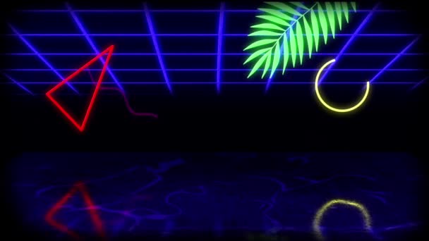 Animation Glowing Retro Neon Palm Leaf Multicolored Geometric Shapes Moving — Stock Video