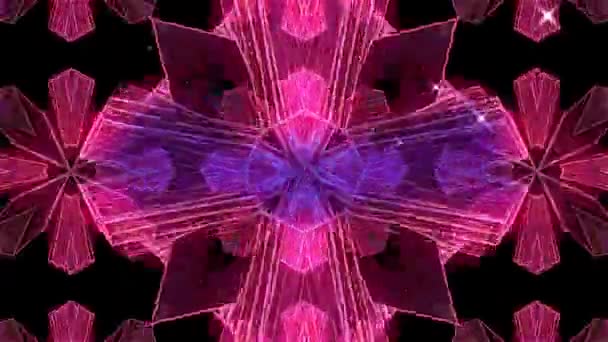 黒を背景に シームレスなループの中で動き回るレトロな催眠輝く万華鏡ピンクの形のアニメーション — ストック動画
