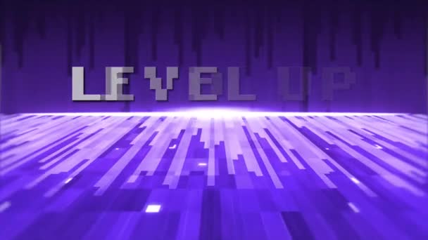 Анимация Винтажного Экрана Видеоигры Пиксельными Словами Level Написанными Белыми Буквами — стоковое видео