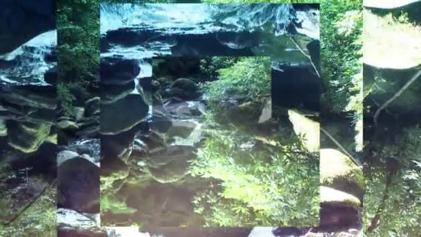 在流动的溪流上重复移动的镜面玻璃正方形图层动画和背景中的绿地 — 图库视频影像