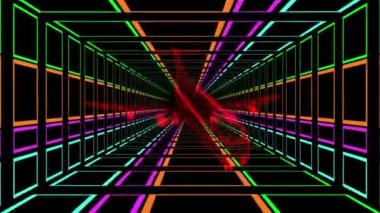 Kırmızı 3d çiziminin animasyonu, çok renkli parlak karelerin sarı, mavi, yeşil, turuncu ve pembe renkli tünellerin üzerinde dönen uçağın siyah arkaplan üzerinde hipnotik hareketlerle kusursuz bir döngü içinde dönmesidir.. 