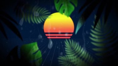 Çizgili titrek sarı dairenin animasyonu, gece gökyüzünde yeşil yapraklar ve arka planda hareket eden yıldızlar. Tekrarlama konseptinde dijital olarak oluşturulan video oyunu ekran rengi ve şablon hareketi.