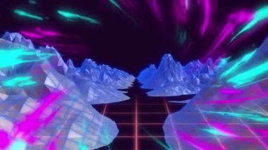 Çok renkli ışınların animasyonu ve siyah arkaplanda hipnoz hareketinde kusursuz döngü içinde hareket eden dağların topografik haritası. Bilgisayar oyunu ekran ve dijital arayüz kavramı dijital olarak oluşturuldu.