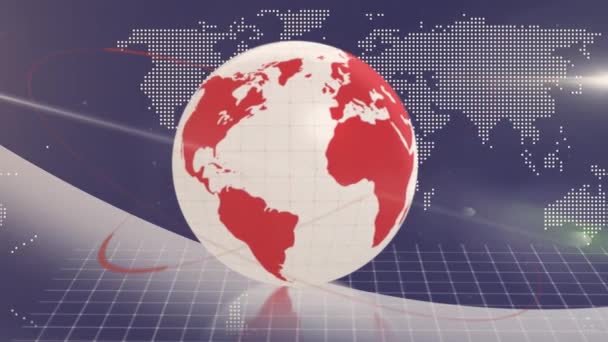 Анімація Біло Червоної Кулі Обертається Світовою Картою Синьому Фоні Концепція — стокове відео