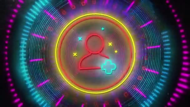Animation Flickering Red Neon Digital Person Icon Glowing Circle Purple — Stockvideo
