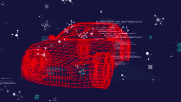 Animazione Rosso Auto Disegno Tecnico Filatura Con Elaborazione Dati Molecole — Video Stock