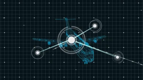 Animation Blue Airplane Technical Drawing Spinning Network Connections Scope Scanning — Stock Video