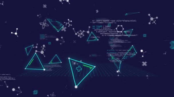 Animación Del Procesamiento Datos Moléculas Triángulos Turquesas Brillantes Que Mueven — Vídeo de stock