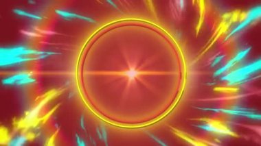 Kırmızı ve sarı üzerinde neon parlayan dairelerin animasyonu titreşen ışınlar kırmızı arkaplanda kusursuz döngü içinde hareket ediyorlar.. 