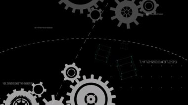 Siyah arka planda dönen ve veri işleme yapan dişli ağının animasyonu. Dijital bilgisayar arayüzü iletişimi ve bağlantı konsepti dijital olarak oluşturuldu.