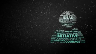 Yaratıcılık, fikirler, inisiyatif ve cesaretle dolu insan simgesinin animasyonu beyaz ve yeşil harflerle yazıldı. Geceleri siyah arkaplana düşen kar üzerine..