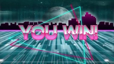 Kazandığın kelimelerin animasyonu! Pembe metalik harflerle yazılmış. Parlak yeşil ışık yollarının üzerine yazılmış. Parlayan yatay çizgi, şehir manzarası ve arka planda ay ile kusursuz bir döngü içinde hareket ediyor..