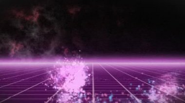 Mor şebeke üzerinde patlayan havai fişeklerin animasyonu arka planda duman bulutlarıyla hipnoz hareketinde kusursuz bir döngü içinde hareket ediyor.. 