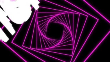 Metalik mor ve pembe harflerle yazılmış yüksek puan kelimelerinin animasyonu. Pembe spiral, siyah arkaplanda kusursuz bir döngü içinde hipnotik hareketle dönüyor.. 