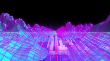 Dağların parlayan pembe topografik haritası ve pembe ışık yollarının animasyonu siyah arkaplan üzerinde hipnotik hareketlerle kusursuz bir döngü içinde hareket ediyor.. 