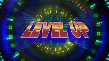 Seviye sözcüğünün animasyonu Kırmızı ve sarı harflerle yazılmış sarı, yeşil ve mavi titreşen daireler üzerinde kusursuz döngü içinde hareket eden arka planda hipnotik hareket. 