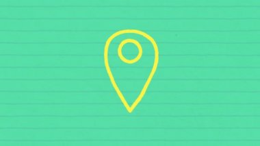 Yeşil çizgili kağıt üzerine işaret çizilmiş sarı çizgili lokasyon simgesi el animasyonu. Küresel dijital iletişim ve sosyal ağ konsepti dijital bileşik.