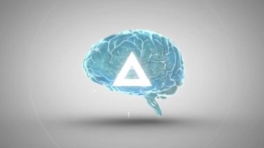 3D parlayan mavi insan beyninin animasyonu. Beyaz arka planda titreşen birden fazla beyaz üçgen ve daire ile kusursuz bir döngü içinde dönüyor. Tıp nörolojisi ve veri işleme kavramı dijital olarak oluşturulmuş görüntü.