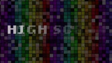 Arka planda çok renkli mozaik fayansların üzerine beyaz parçacıkların hareket ettiği beyaz pikselli harflerle yazılmış Yüksek Puanlı kelimelerin canlandırması. 