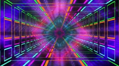 Mor, mavi ve pembe elmas şekillerin animasyonu kusursuz döngü içinde titreşiyor hipnotik hareketlerle, siyah arka planda parıldayan desenlerle..