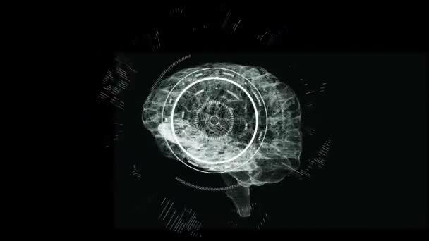3D輝く白い人間の脳のアニメーションは 黒の背景にスコープスキャンとデータ処理とシームレスなループで回転します — ストック動画