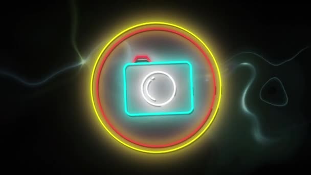 Animation Flickering Blue Neon Digital Camera Icon Glowing Circle Trails — Stock Video