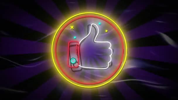 Animation Flickering Neon Digital Thumbs Icon Glowing Circle Purple Stripes — Stock Video