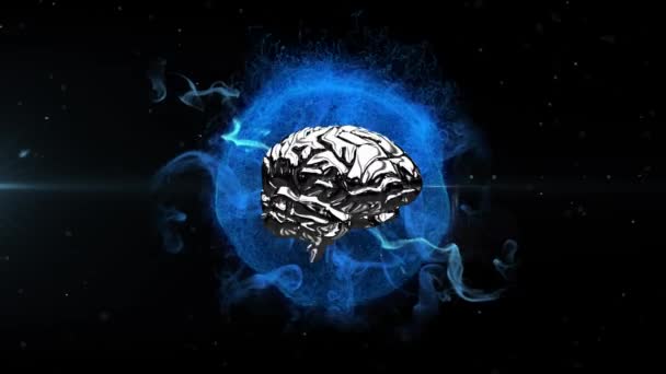 3次元金属人間の脳のアニメーションは 黒い背景の粒子と雲で爆発する輝く青い地球の上にシームレスなループで回転します 医学神経学と世界的な爆発の概念デジタル生成された画像 — ストック動画