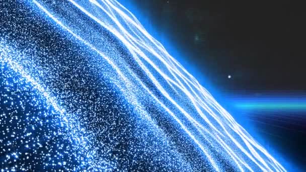 Animation d'une surface brillante faite de multiples particules chatoyantes ondulant doucement avec des nuages bleus de fumée sur fond noir. Concept abstrait de couleur et de mouvement image générée numériquement .