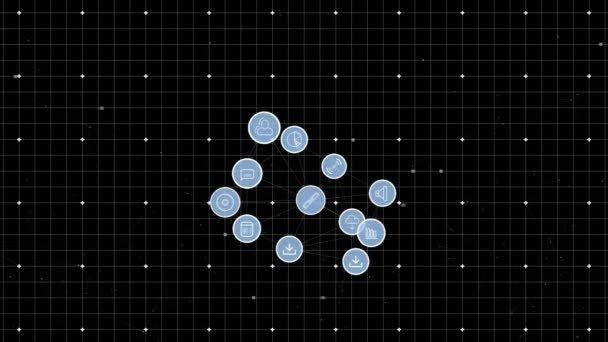 Animation Networks Connections Multiple Interface Icons Forming Globe Spinning Black — Stock Video