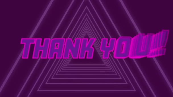 动画的文字谢谢 用霓虹灯发光的粉红字母写在紫色三角形上 在紫色背景上的催眠运动中以无缝循环运动 — 图库视频影像