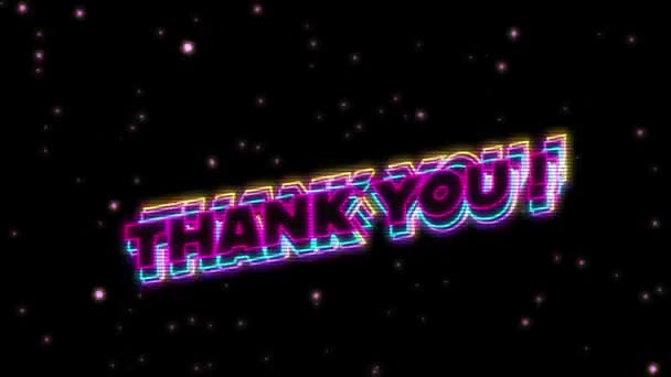 Анимация Слов Спасибо Написанные Неоновыми Светящимися Розовыми Голубыми Желтыми Буквами — стоковое видео