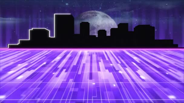 背景に輝く水平線 街並み 月を背景に シームレスなループで動く輝く紫色の光の歩道のアニメーション ビデオゲーム画面とデジタルインターフェイスの概念デジタル生成された画像 — ストック動画
