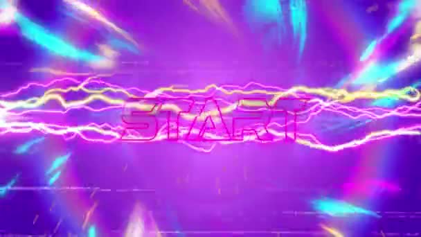 言葉のアニメーション金属輝くピンクと紫の文字で始まる電気波と紫の背景に光る光線 — ストック動画