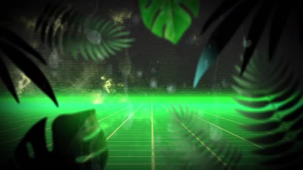 雨滴的动画 发亮的绿色网格在无缝隙的循环中运动 带着热带绿叶在绿色背景上催眠 — 图库视频影像