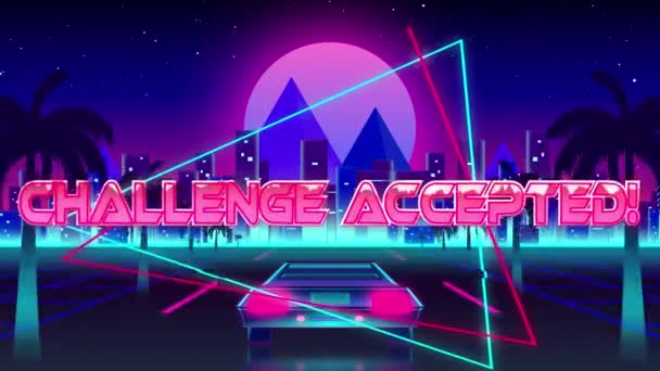 Animation Words Challenge Accepted Pink Green Triangles Back Car Driving — Stockvideo