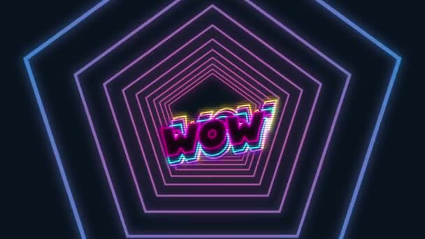 Animation du mot Wow écrit en lettres rose fluo, bleu et jaune avec un dégradé hexagonal bleu à violet se déplaçant en boucle sans couture dans un mouvement hypnotique sur fond noir .