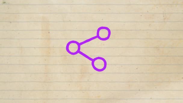 在复古白纸上用记号勾画出紫色轮廓的股份图标手绘动画 全球数字通信和社交网络概念数字组合 — 图库视频影像