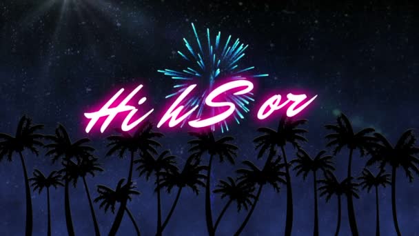 这个词的动画 用霓虹灯闪耀的粉红字母写成 并以烟火显示 在夜空中的棕榈树上爆炸 — 图库视频影像
