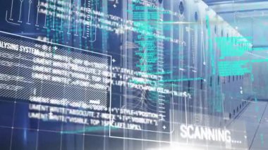 Arka plandaki bir teknoloji odasında bilgisayar işlemcilerinin tarama ve veri işleme animasyonu. Küresel teknoloji veritabanı ve veri işleme kavramı dijital olarak oluşturuldu.