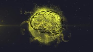 Parlayan sarı küre üzerinde kusursuz bir döngü içinde dönen üç boyutlu insan beyninin canlandırılması mor zemin üzerinde parçacıklar ve bulutlarla patlıyor..