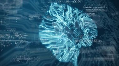 Bilgisayarın ışık yollu devre kartından yapılmış 3D dijital insan beyninin animasyonu ve arka planda veri işleme üzerinde dönmesi. Tıp nörolojisi dijital bilgi konsepti dijital olarak oluşturulmuş görüntü.