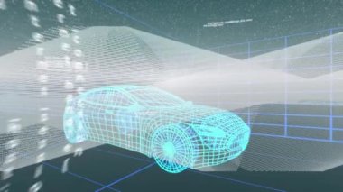 3d mavi araba teknik çiziminin animasyonu, veri işleme ve tarama sisteminde arkaplanda ızgara üzerinden dönen, küresel seyahat teknolojisi ve veri işleme kavramı dijital olarak oluşturulan görüntü.