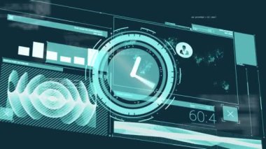 Veri işleme, kapsam taraması, bağlantı ağı ve yeşil arkaplan istatistik kaydı ile saat animasyonu hızlı ilerliyor. Küresel teknoloji veritabanı ve veri işleme kavramı dijital olarak oluşturuldu.