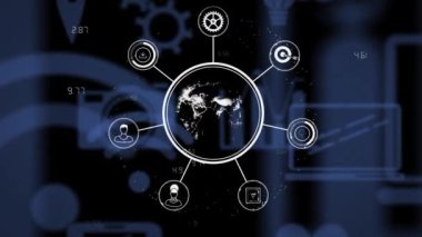 Çoklu arayüz simgelerinin bağlantı ağlarının canlandırılması bir küre oluşturur ve siyah arkaplan üzerinde döner. 