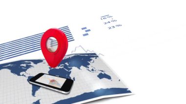 Beyaz arkaplan üzerindeki kırmızı konum pin, akıllı telefon ve veri işleme istatistiklerinin canlandırması. 