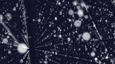 Veri işleme ve siyah arkaplan üzerinde ikili kodlama ile yüzen moleküllerin canlandırılması. 