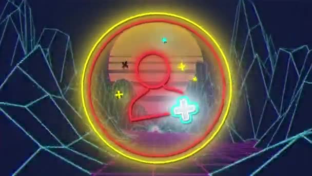 Animation de l'icône néon rouge scintillante personne numérique dans un cercle lumineux sur la carte topographique des montagnes se déplaçant en boucle transparente dans le mouvement hypnotique et vert cercle lumineux en arrière-plan .