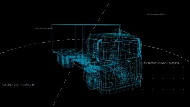 Animation Blue Model Truck Spinning Data Processing Black Background Digital — Stock Video